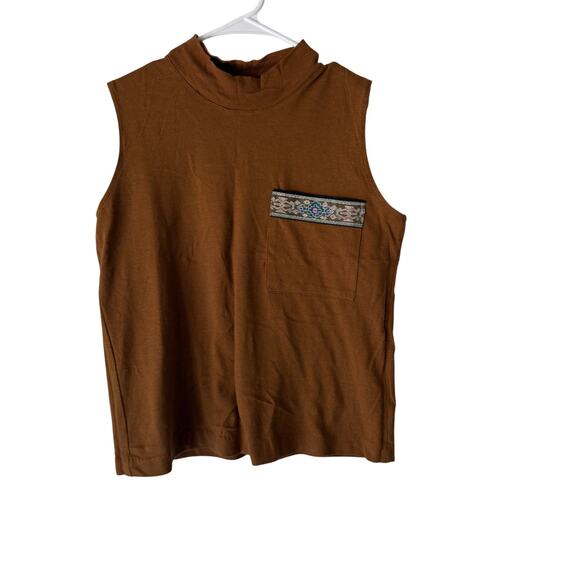 Judy Knapp Shirt 70s Vintage Brown Mock Neck Sleeveless Boho Pocket Aztec Trim - Picture 1 of 6